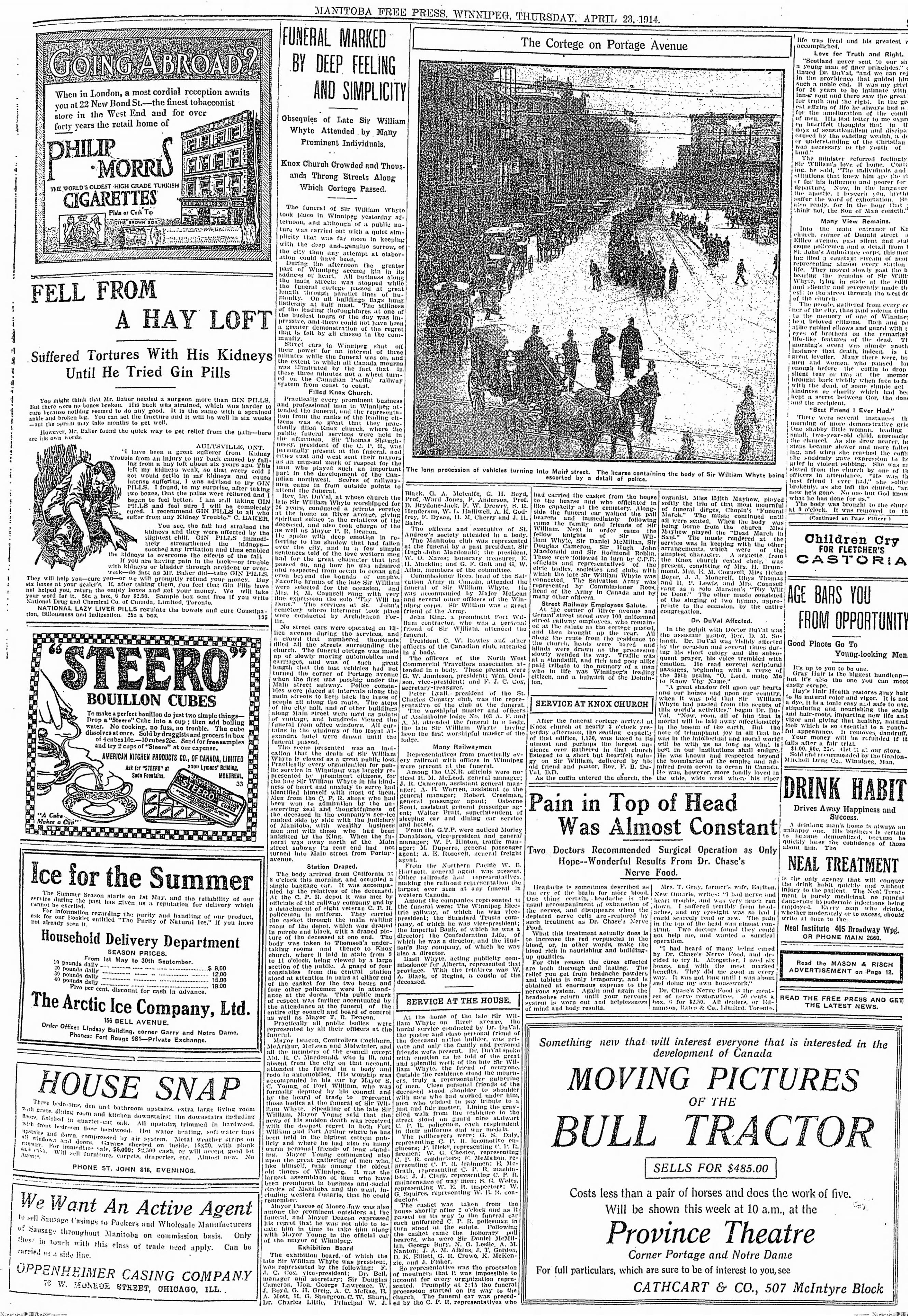 Newspaper photograph of Sir William Whyte's funeral cortege on Portage Avenue, turning into Main Street, Winnipeg.