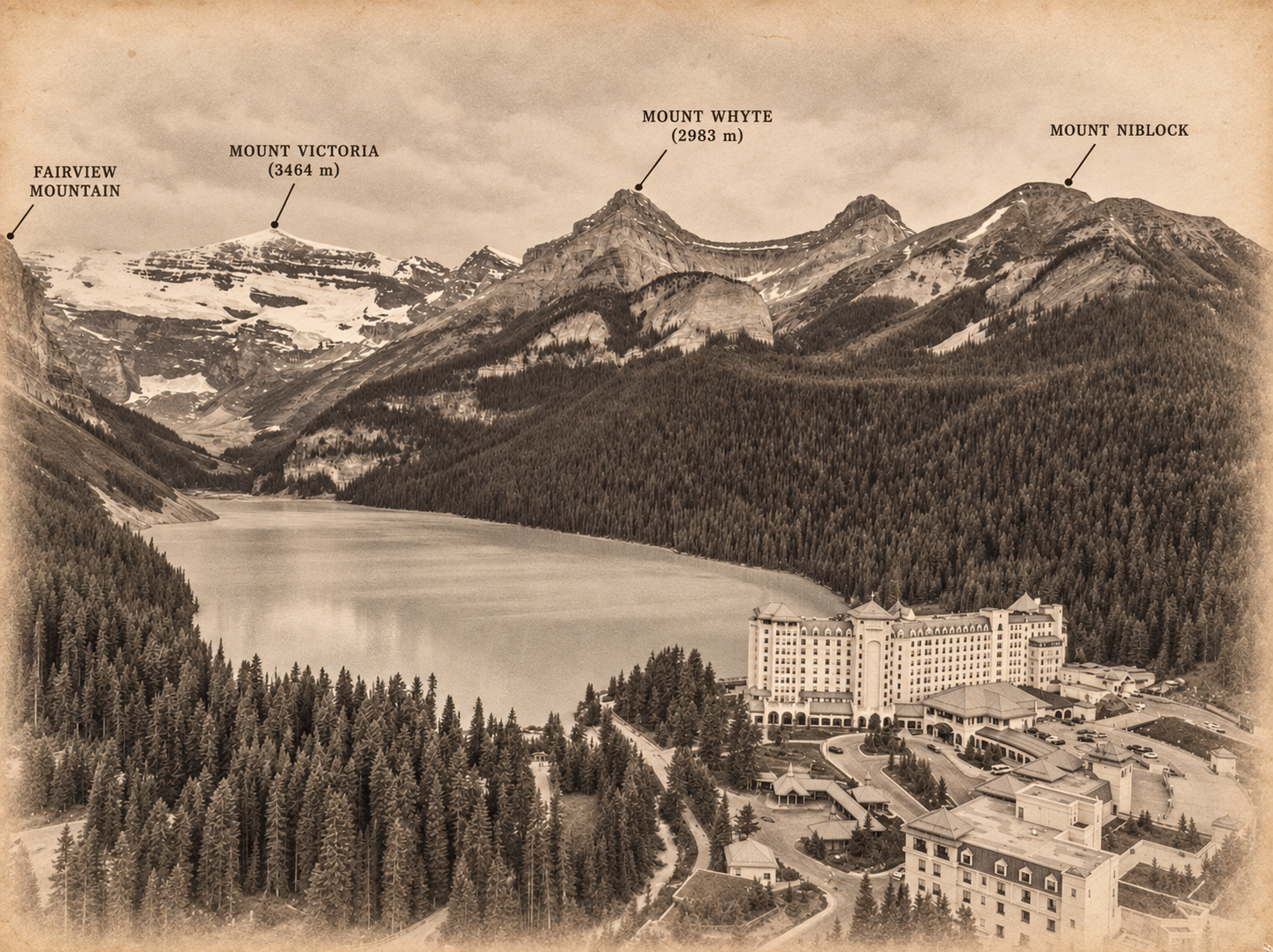 Sepia-treated view across Lake Louise, with Mount Whyte labelled above the lake and neighbouring peaks identified.
