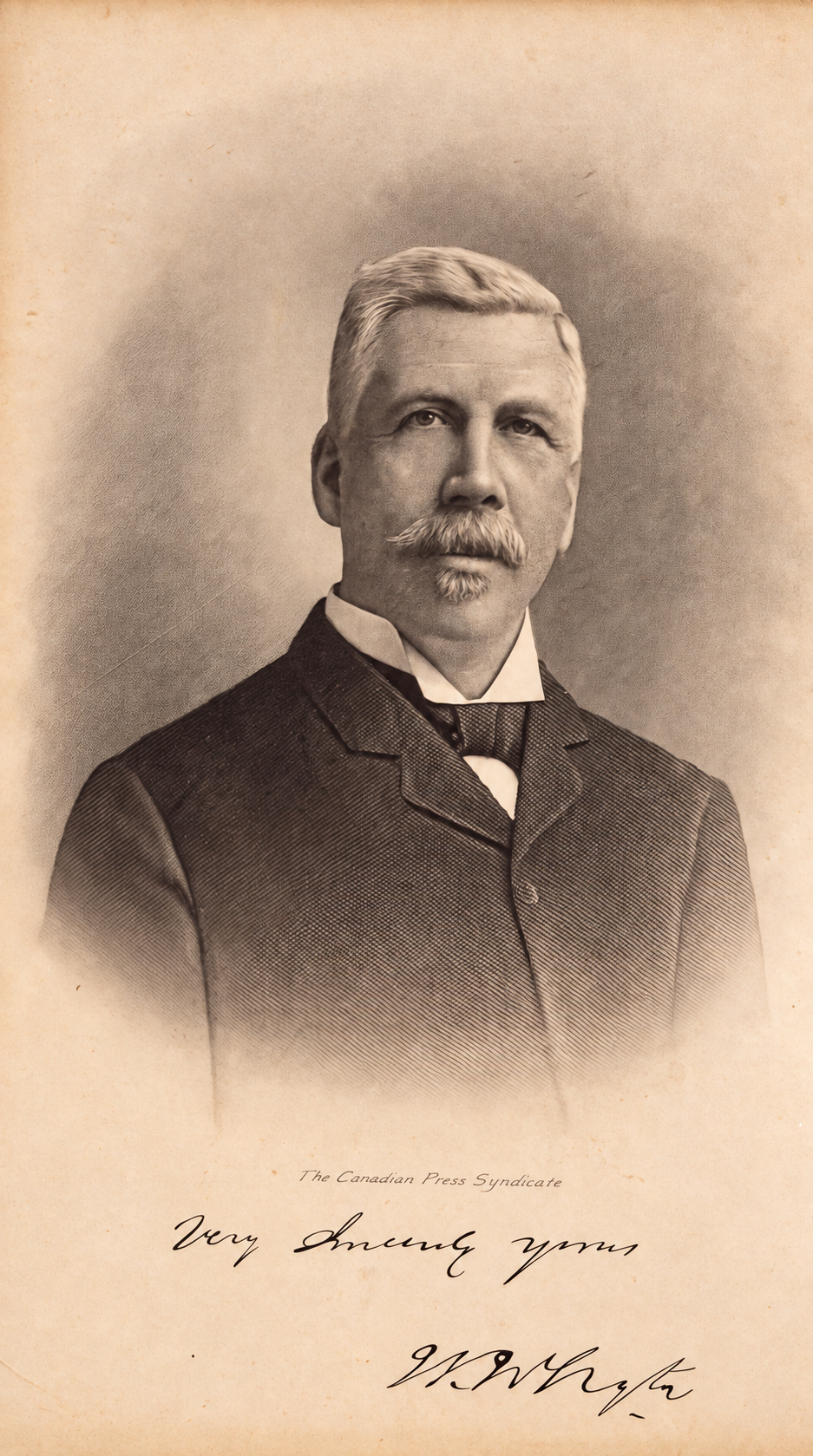 Sepia portrait of William Whyte, with a reproduced inscription and signature beneath.