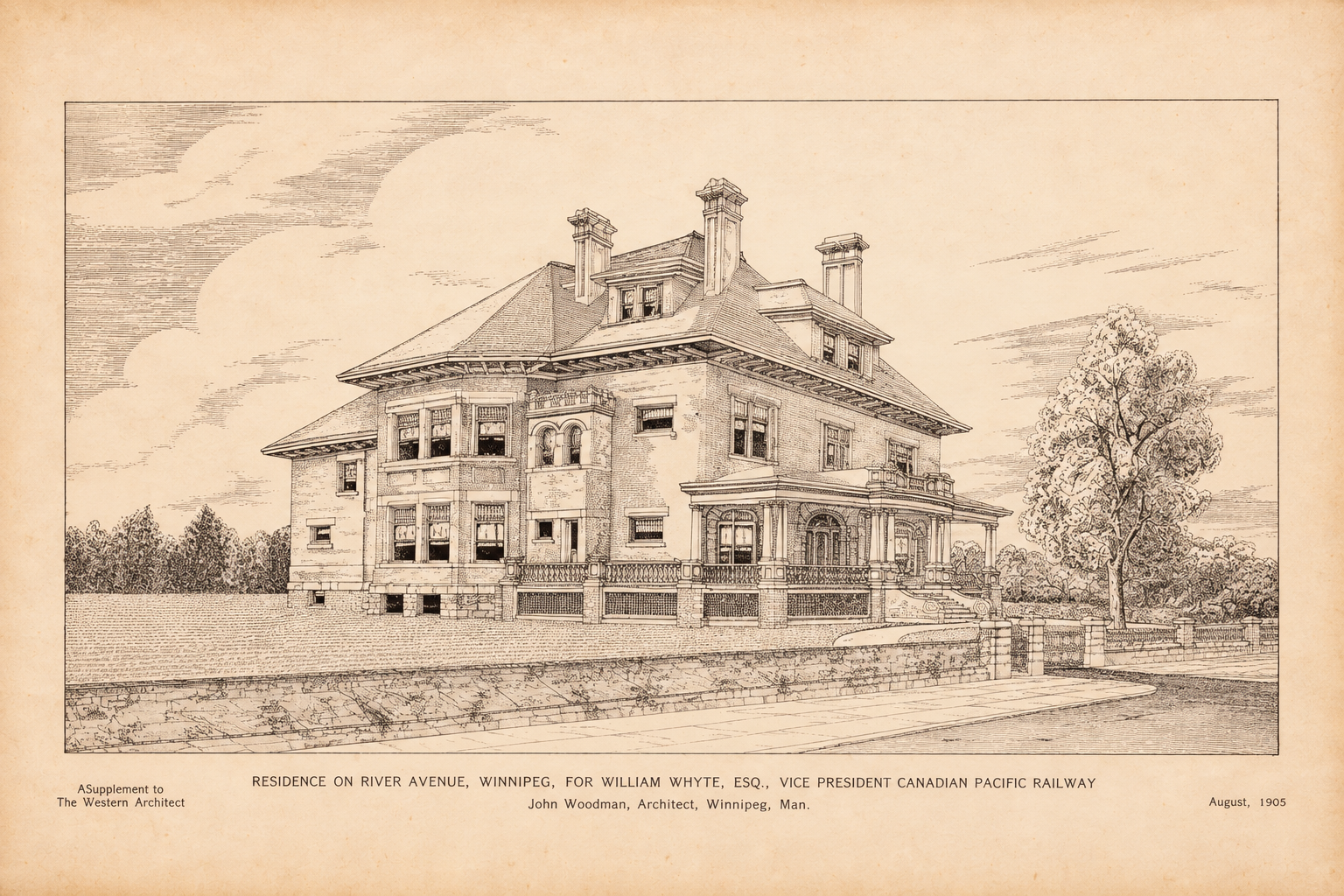 John Woodman's architectural perspective of William Whyte's River Avenue residence, with broad porches, dormer windows and tall chimneys.